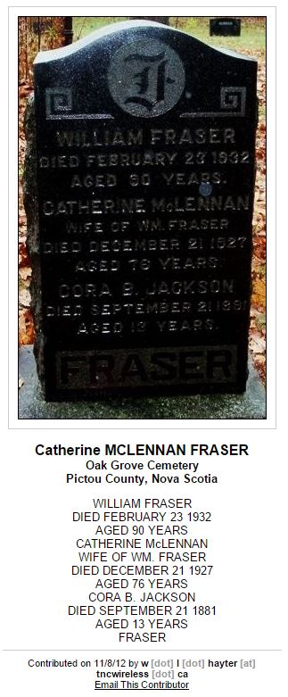 Photo of headstones/Catherine McLennan d1927 hdstn Oak Grove cem Pictou
